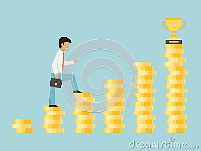 Businessman climbing on stair to trophy cup vector illustration. Man step on coin stairs to goal. Business success path Vector Illustration