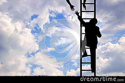 Businessman climbing stairs and a helping hand. Stock Photo