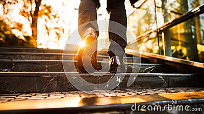 Businessman climbing stairs with sunlight ahead. Business person, professional-looking entrepreneur with legs and shoes close up. Stock Photo