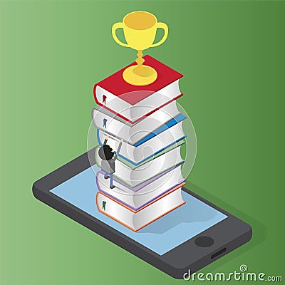 Businessman climbs books on mobilephone Vector Illustration