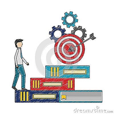 Businessman climbs books step target on top gears success Vector Illustration