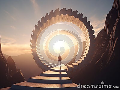 Businessman Climbs Circular Stairs to Success Under Bright Sun with Mountain View Stock Photo