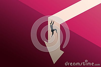 Businessman climbs a cliff to escape from a falling arrow Vector Illustration