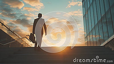businessman climbs illuminated stairs amidst the sunset skyscrapers of a contemporary urban setting at dusk. Stock Photo