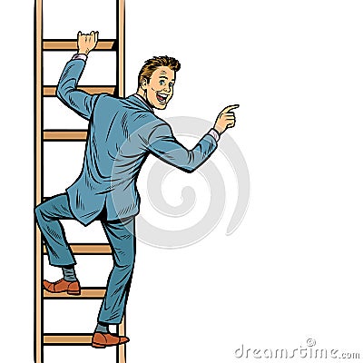 Businessman climbs stairs, man points to copy space Vector Illustration