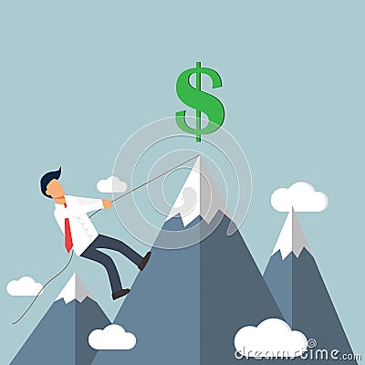 Businessman Climbing to Financial Success: Conquering the Mountain of Wealth Vector Illustration