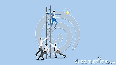 A businessman climbs up a ladder and grabs a star with a supporting team Vector Illustration