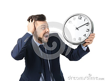 Businessman with clock on white background. Time management concept Stock Photo