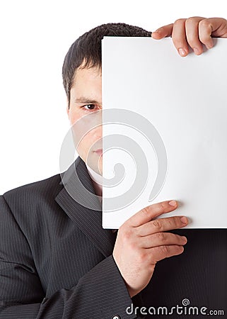 Businessman close the eye from papper Stock Photo