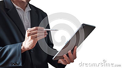 Businessman Communicate with Modern Communication Devices Stock Photo