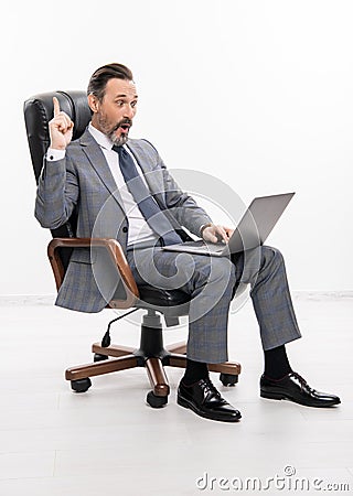 Businessman communication on computer. inspired with idea. freelancer working online. freelance blogger. Remote Stock Photo