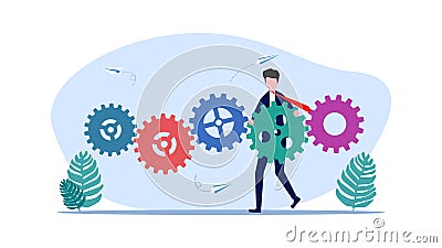 Businessman complete connection of gears. Automate business process and workflow problems with flowcharts Vector Illustration