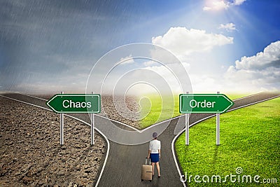 Businessman concept, Chaos or Order road to the correct way. Stock Photo
