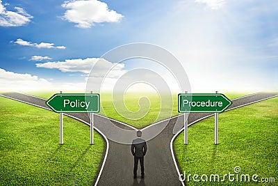 Businessman concept; choose Policy or Procedure road the correct Stock Photo