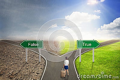 Businessman concept, False or True road to the correct way. Stock Photo