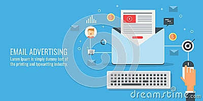 Businessman conducting an email marketing campaign, email advertising and promotion concept. Flat design vector banner. Vector Illustration