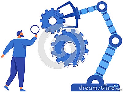 Businessman conducts experiment with mechanical arm. Artificial intelligence for startup development Vector Illustration