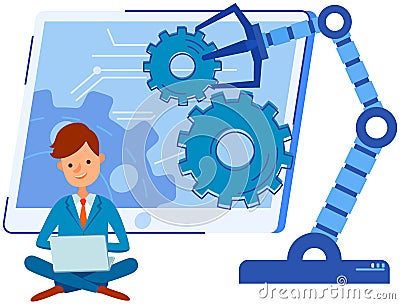 Businessman conducts experiment with mechanical arm. Artificial intelligence for startup development Vector Illustration