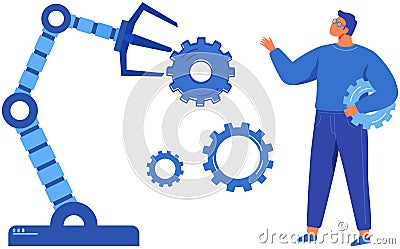 Businessman conducts experiment with mechanical arm. Artificial intelligence for startup development Vector Illustration
