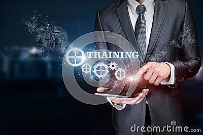 Businessman conducts training using tablet Stock Photo