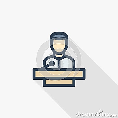 Businessman conference, lecture, politics speaker thin line flat color icon. Linear vector symbol. Colorful long shadow Vector Illustration