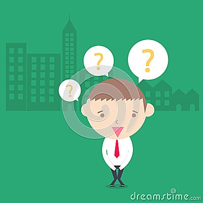 Businessman confuse in city building green background. Vector Illustration