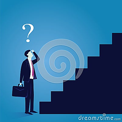 Businessman confuse to make first step of success Vector Illustration