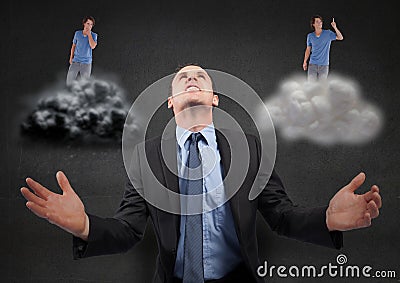 Businessman confused with good and bad conscience Stock Photo