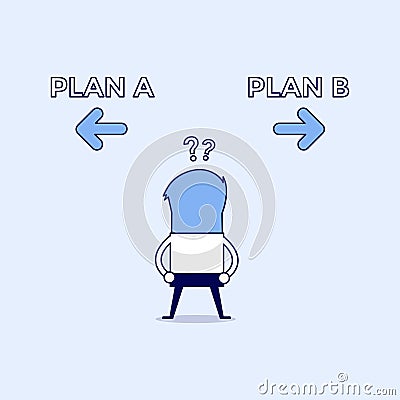 Businessman confused about two choices Plan A and Plan B. Cartoon character thin line style vector. Vector Illustration