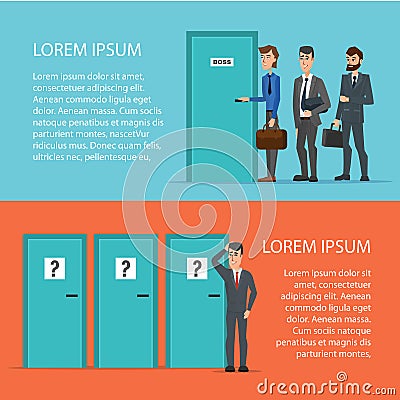 Businessman is confusing about tree doors. Cartoon poster vector Vector Illustration