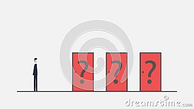 Businessman is confusing about tree doors trying to choose one thinking of unknown future and opportunities Vector Illustration