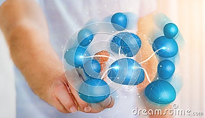 Businessman connecting blue icon social network 3D rendering Stock Photo