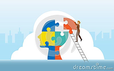 Businessman connecting jigsaw puzzles missing pieces in human head shape Vector Illustration