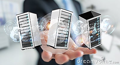 Businessman connecting servers room data center 3D rendering Stock Photo