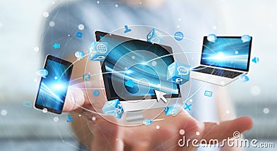 Businessman connecting tech devices and icons applications 3D re Stock Photo