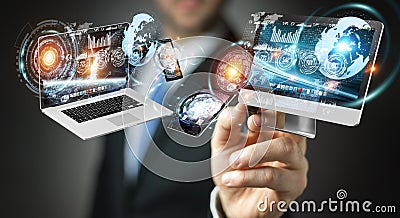 Businessman connecting tech devices with a pen 3D rendering Stock Photo