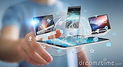 Businessman connecting tech devices to each other 3D rendering Stock Photo