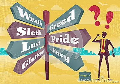 Businessman Contemplates 7 Deadly Sins Sign Post Dilemma. Vector Illustration