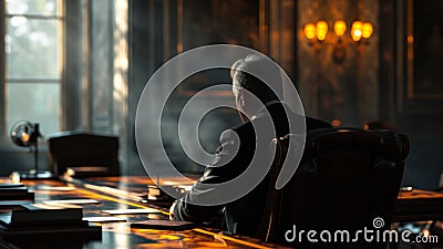 Businessman Contemplating in Shadowed Office. Stock Photo