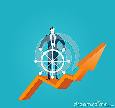 Businessman control ship with helm, commander, control, advisory and management Business concep Cartoon Illustration