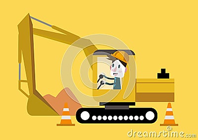 Businessman control track hoe on build site. Vector Illustration