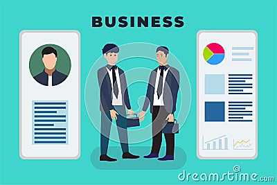 Businessman conversation and shaking hand concept vector. Man flat character illustration dealing with another businessman. Vector Illustration
