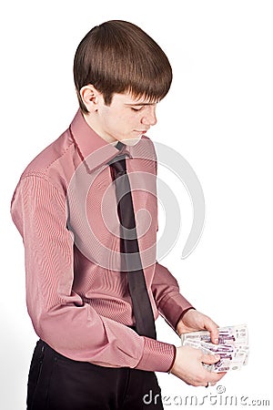 Businessman counts money isolate backout Stock Photo