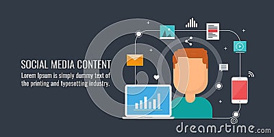 Content marketing, digital content publication on social network, web content, social media campaign. Flat design vector banner. Vector Illustration