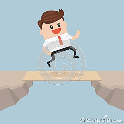 Businessman cross the cliff gap by wooden board as a bridge. Vector Illustration