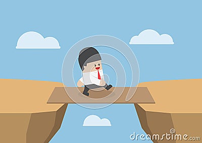 Businessman cross the cliff gap by wooden board as a bridge Vector Illustration