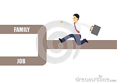 Businessman on the crossroad deciding to spend his time on his family or his job. Concept of multitasking or work-life balance Vector Illustration