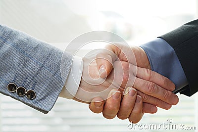Businessman crushes the hand of another businessman Stock Photo