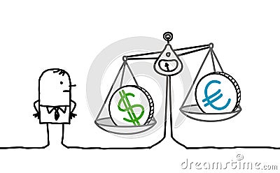 Businessman & currencies in balance Vector Illustration