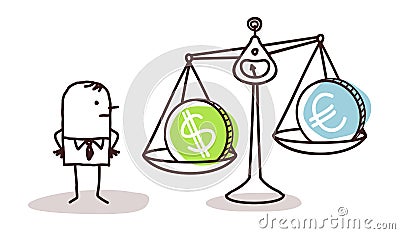 Businessman and currencies in balance Vector Illustration